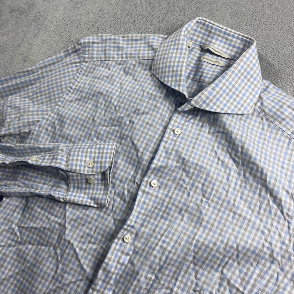 SuitSupply Blue Grey Gingham Egyptian Cotton Dress Shirt Mens 16L 41-7
